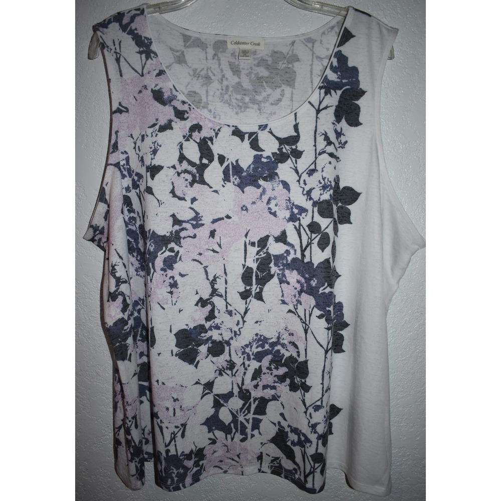 Coldwater Creek 3X Sleeveless Top White Purple Floral Burnout Knit Scoop Neck
